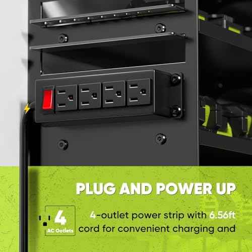 POKIPO Large Power Tool Organizer Wall Mount with Charging Station,4 Layer Heavy Duty Metal Tool Storage Rack Loads 600lbs with 8 Cordless Drill Holder,Battery Utility Rack Loads with 4 Power Strip