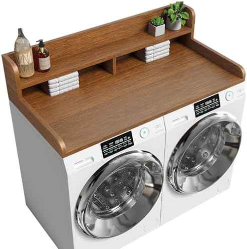 2-Tier Washer Dryer Countertop with 2.75"H Edge Rails, 54" W x 27.55" D Laundry Countertop for Folding Clothes, Washer and Dryer Topper with Non-Slip Pad (Brown)