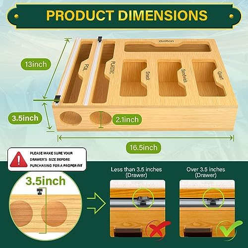 KOCWELL Bag Organizer and Plastic Wrap Dispenser with Cutter, 6 In 1 Bamboo Foil and Plastic Wrap Organizer for Kitchen Drawer, Food Storage Bag Organizer for Gallon,Quart,Sandwich,Snack(Yellow)