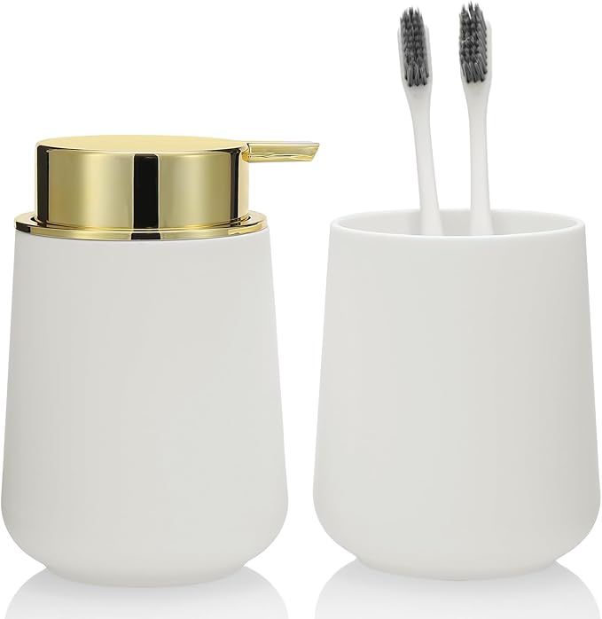 White and Gold Bathroom Accessories 2 Piece Set Luxury Matte Plastic Soap by KellyHome