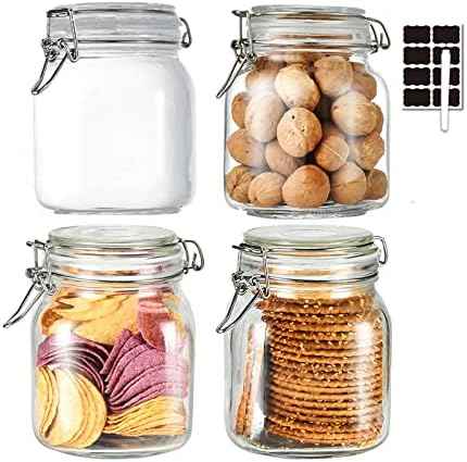 32oz Glass Food Storage Jars with Airtight Clamp Lids,Set of 4 Airtight Glass Canister Square- Clear Storage Container for Kitchen Container Storing Sugar, Flour, Cereal,Coffee,Spice…