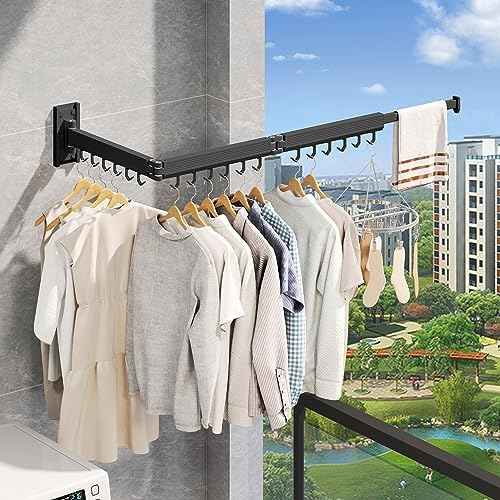 Wall Mounted Tri-Fold Clothes Drying Rack, Heavy Duty Collapsible Laundry Drying Rack, Space-Saving Retractable Foldable Drying Rack Clothes for Laundry Room Balcony Bathroom,Black-Hooks