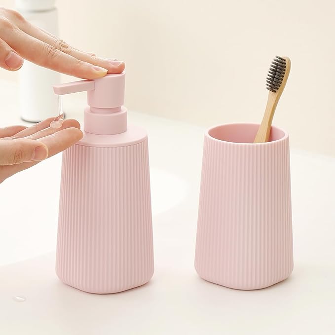Bathroom Accessories 2 Piece Soap Dispenser and Toothbrush Holder Set Striped - Image 2
