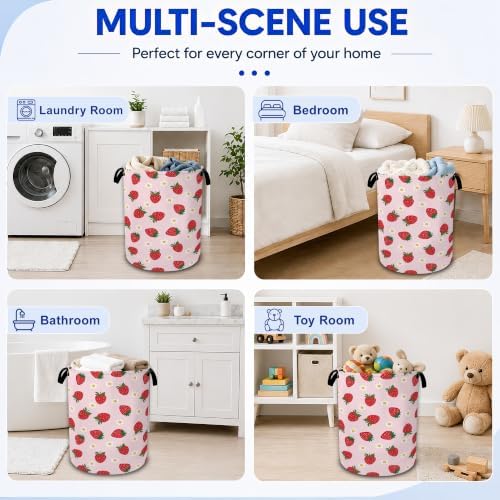 Strawberry Daisy Flower Laundry Hamper,Collapsible Laundry Baskets, Dirty Clothes Baskets with Handles,Oxford Cloth Hamper for Bedroom,Bathroom,Laundry Room,College Dorms,16"x20"