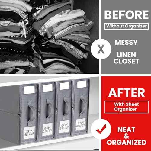 Bed Sheet Organizers and Storage, 4 Pack Sheet Folder Organizer, Linen Closet Organizer for Bedding Sheets, Duvet Covers and Pillow cases, Grey