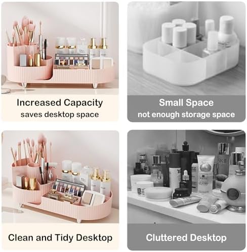Pink Rotating Vanity Organizer with Brush Holder - Large Spinning Cosmetic Storage, Countertop Makeup & Skincare Organizer, Perfume & Lotions Display Case