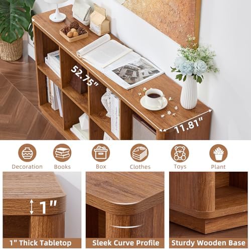 Joaxswe 8 Cube Storage Book Shelf, 52" Long Horizontal Bookshelf with Curved Edge, Floor Standing Wooden Cubby Bookcase with Base, Modern Low Console Book Case, TV Stand for Living Room, Brown