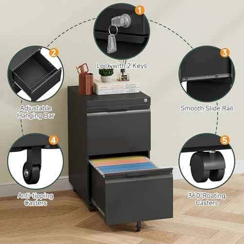2 Drawer Metal Rolling File Cabinet with Lock, Under Desk Mobile Filing Cabinet for Home Office, Printer Stand with Casters Fits A4/Letter/Legal Size Documents, Black