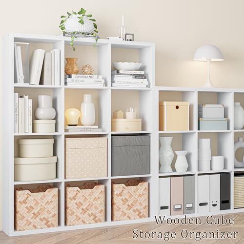 VDNEND Cube Storage Organizer Bookcase, Decorative 11 inch Open Back Cubical Shelf with Thickened Border, Display Bookshelf for Living Room, Home Office, Sturdy Room (White, 12 Cube)