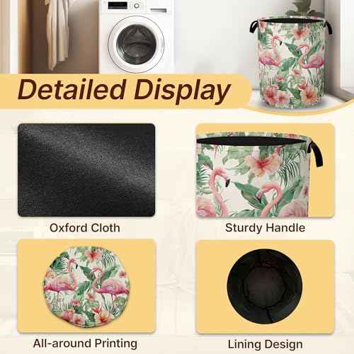 Collapsible Laundry Basket,Flamingo Pink Waterproof Oxford Cloth Hamper with Handles,Plam Floral 16 x 20.8 Inch Portable Storage Organizer for Laundry Room Bedroom