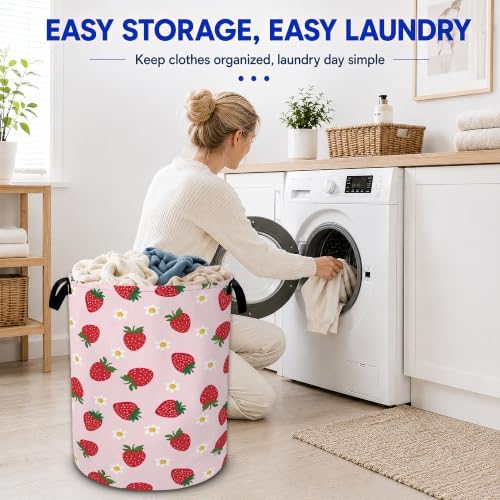Strawberry Daisy Flower Laundry Hamper,Collapsible Laundry Baskets, Dirty Clothes Baskets with Handles,Oxford Cloth Hamper for Bedroom,Bathroom,Laundry Room,College Dorms,16"x20"
