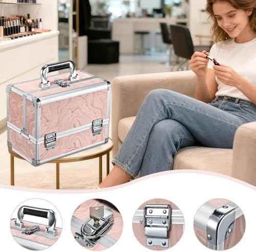 Faquenc Travel Makeup Case with LED Lighted Mirror - 11.6" Portable Makeup Organizer Box, Cosmetic Train Case with Detachable Brush Holder - Fluid Pink