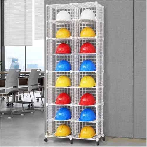 Stackable Safety Helmet Storage Boxes, Large Adjustable Hard Hat Placement Organizer Rack,with Wheels for Construction Site/Garage/Workshop/Factory,16 Grids(75x37x192cm)