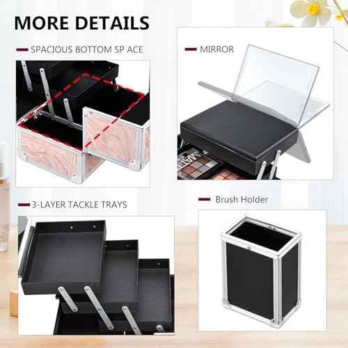 Faquenc Travel Makeup Case with LED Lighted Mirror - 11.6" Portable Makeup Organizer Box, Cosmetic Train Case with Detachable Brush Holder - Fluid Pink