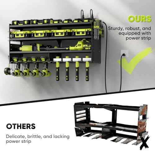 POKIPO Large Power Tool Organizer Wall Mount with Charging Station,4 Layer Heavy Duty Metal Tool Storage Rack Loads 600lbs with 8 Cordless Drill Holder,Battery Utility Rack Loads with 4 Power Strip