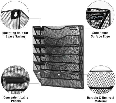 BOHDK Wall File Organizer, 6 Tier Hanging File Folder Mail Organizer, Vertical Mesh Metal Wall Mount Hanging File Holder, Paper Document Magazine Rack for Home Office Black