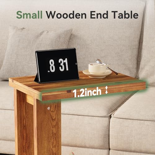 Solid Wood C-Shaped End Table, Wooden Side Table for Sofa, 2-Tier Bedside Nightstand for Living Room, Bedroom