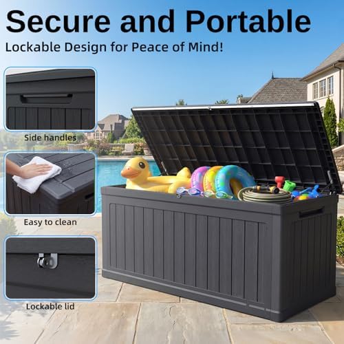 320 Gallon Outdoor Storage Deck Box, Waterproof Resin Deck Boxes with Handle & Lockable for Patio Furniture, Garden & Pool Tools -Swimming Pool, UV Resistant, Black (320)
