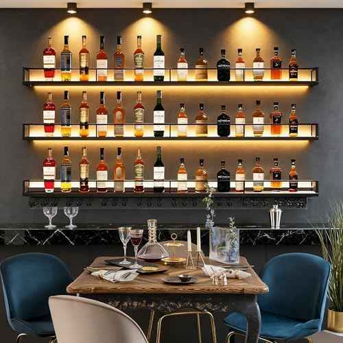 Metal Wall Mounted Wine Rack with LED Light, 3 Tiers Liquor Bottles Floating Shelves with Glass Holder, Wine Shelf Industrial Bar Shelves for Home Bar Dining (Black, 120cm/47.2in)