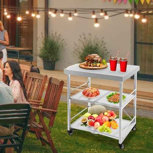 3 Tiers Folding Stainless Steel Utility Service Cart with Wheels-Heavy Duty 660LBS Outdoor Stainless Grill Cart, Kitchen Utility Carts and Service Trolley Carts for Transporting Restaurant Supplies