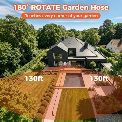 Upgraded Retractable Garden Hose Reel 1/2" x 130 ft 9 Pattern Nozzle Any Length Lock Wall-Mounted Automatic Slow Return 180° Swivel UV Resistant Heavy Duty Hose Reels for Outside