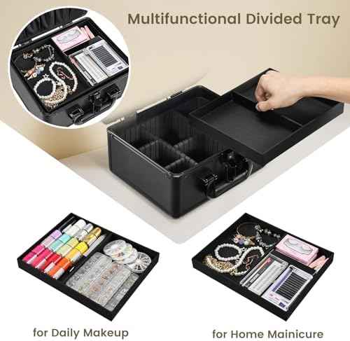 Faquenc Makeup Case with Lighted Vanity Mirror, Makeup Organizer Box Travel Make up Case with LED Mirror Portable Cosmetic Train Case for Countertop Lockable Makeup Suitcase with Adjustable Dividers