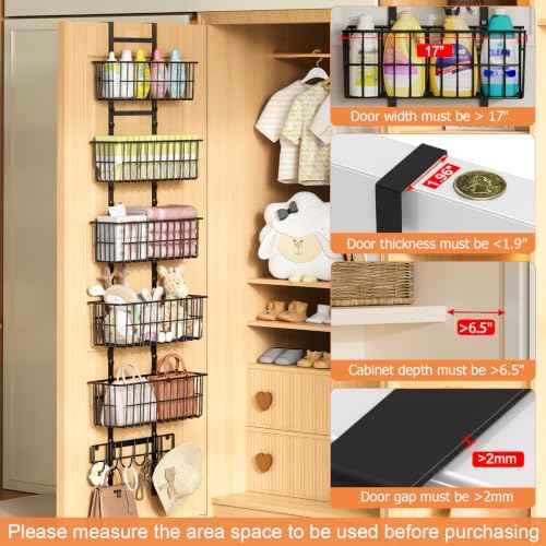 Hongtamoya Adjustable Over the Door Organizer, Metal Hanging Door Organizer with 5 Wire Basket 7 Hooks, Wall Mounted Shelf for Pantry Laundry Organization and Storage, Black