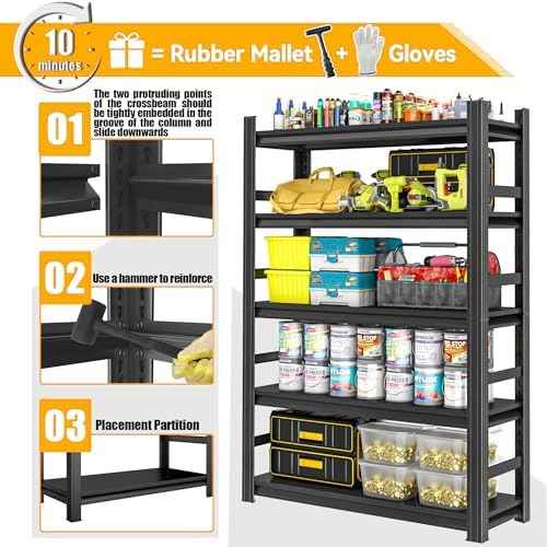 78" H x 48" Wx 18" D Heavy Duty Garage Shelving Large Garage Shelves for Storage 4000LBS Metal Adjustable Storage Shelf for Basement, Warehouse 5-Tier Black