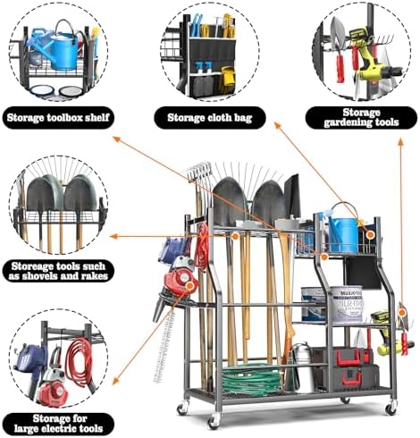 36" Large Garden Tool Organizer with Wheels & Side Tool Bag, 3 Tier Rolling Garage Storage Rack for Long Handled Rakes, Shovels, Brooms, Freestanding Yard Tools Cart for Shed & Outdoors