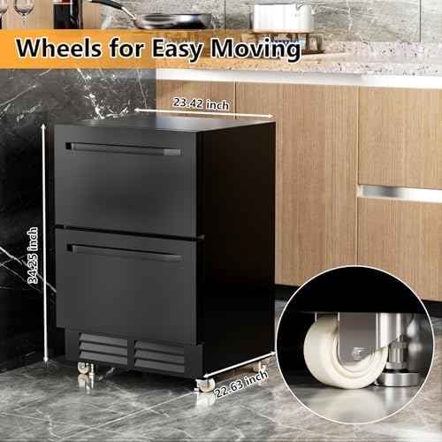 24 Inch Under Counter Dual Drawer Beverage Fridge, Weather Proof Outdoor Beverage Refrigerator for Patio, Stainless Steel Built-in Beverage Cooler for Home & Commercial Use, Black