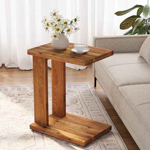 Solid Wood C-Shaped End Table, Wooden Side Table for Sofa, 2-Tier Bedside Nightstand for Living Room, Bedroom