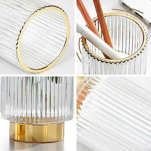 DASITON Makeup Brush holder Organizer,Crystal Cosmetic Makeup Brush Glass Brushes Storage Holder, Vintage Make Up Brush Cup Pen Pencil Holder striped vase(Clear S+L)