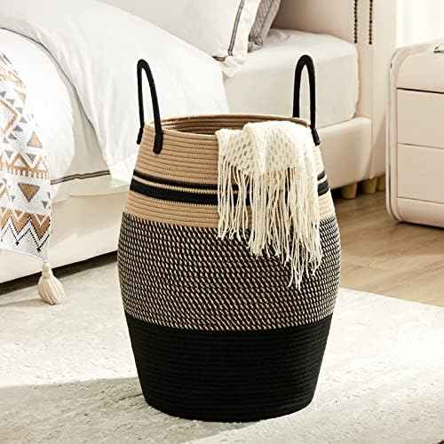 Large Laundry Hamper Basket 65L Woven Blanket Basket, Brown & Black
