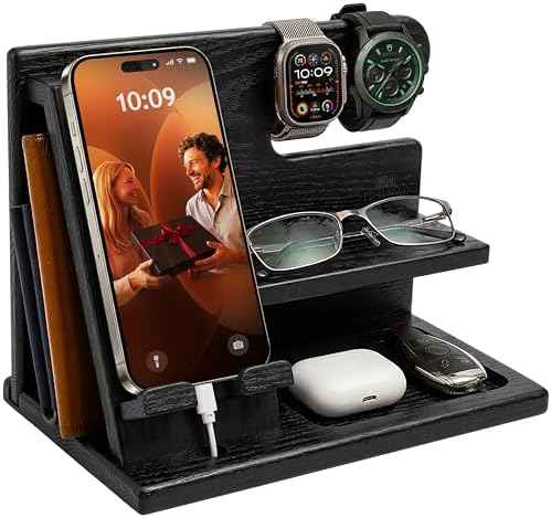 TESLYAR Wood Phone Docking Station for Men - Desktop or Nightstand Organizer - Birthday Gifts for Men, Dad - Anniversary Idea from Wife - Key Holder, Stand Wallet, Watch & Essentials (Granite Black)