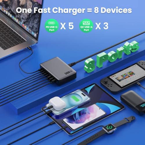 USB C Charger 300W USB C Charger Block,Upgraded GaN IV 8-Port Fast Charging Station Hub,PD 100W Laptop Charging Adapter Compatible with MacBook Pro/Air,DELL,Steam Deck,iPhone 16/15/14,Galaxy S23/22