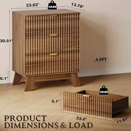 BORNOON Fluted 3 Drawer Dresser, 30.3" Tall Compact Modern Boho Chest