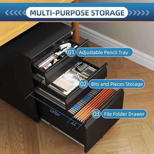 3 Drawer Mobile File Cabinet with Lock, Metal Small Filing Cabinets for Home Office Organizer,Rolling Filing Cabinets Under Desk Storage for Letter/Legal/A4,Assembly Required,Black