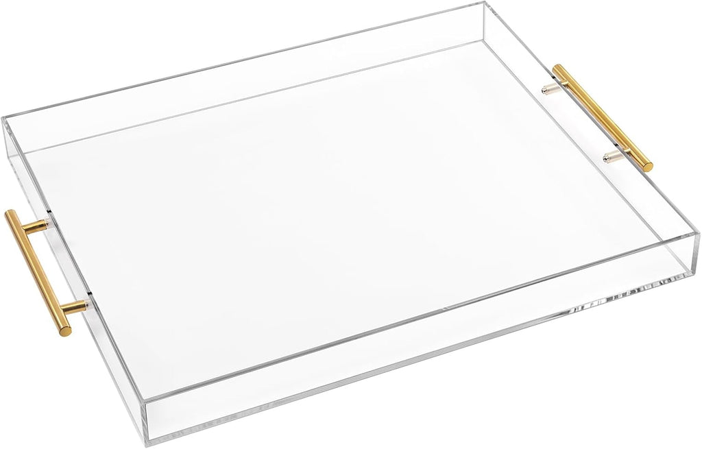 Large Clear Acrylic Serving Tray (16×18 Inches) with Gold Handles