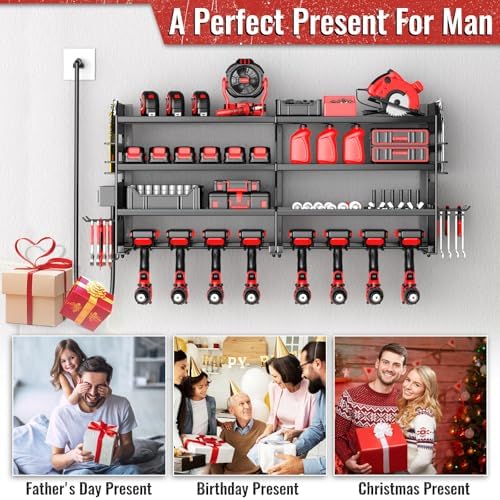 Large Power Tool Organizer Wall Mount with Charging Station, 4 Layer Heavy Duty Metal Cordless Tool Organizer, Tool Storage Rack with 8 Cordless Drill Holder Screwdriver Hammer(Black)