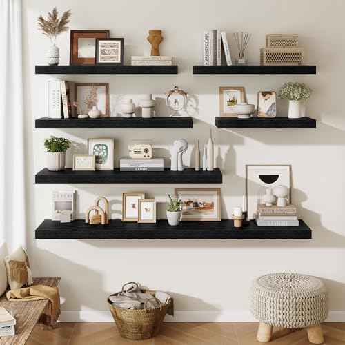Fun Memories Floating Shelves for Wall, 40 Inch Floating Shelf for Home Decor, Wall Mounted Rustic Wood Shelves 12 Inch Deep, Hanging Deep Shelf for Bedroom, Living Room, Kitchen, Black, Set of 2