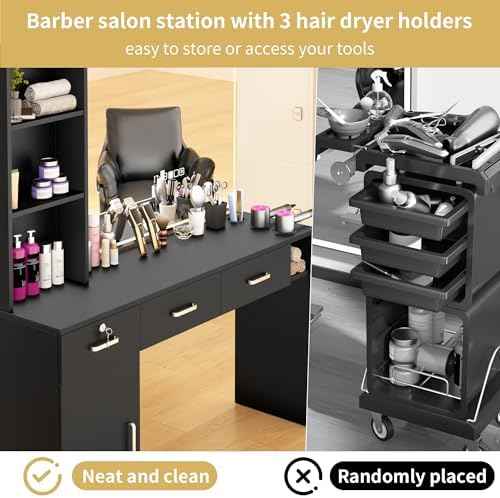 Barber Salon Station for Hair Stylist, Salon Wall Mount Station with Barber Cabinet and Barber Desk, Hair Salon Stations Equipment with Holders, Drawers, Beauty Station Without Mirror (Black)