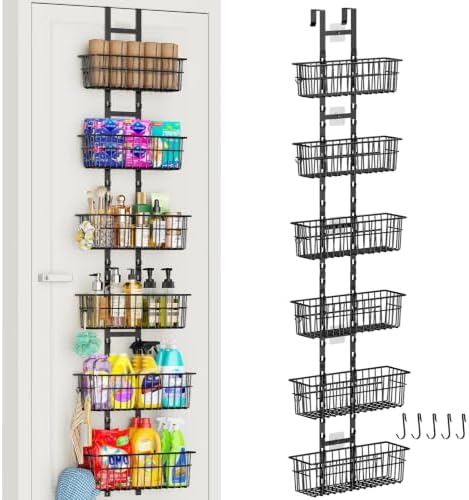 Hongtamoya Over The Door Organizer, Adjustable Hanging Door Organizer with 6 Wire Baskets 5 Hooks, Metal Behind The Door Storage for Pantry Closet Bedroom Bathroom Cabinet Kitchen Laundry Room, Black