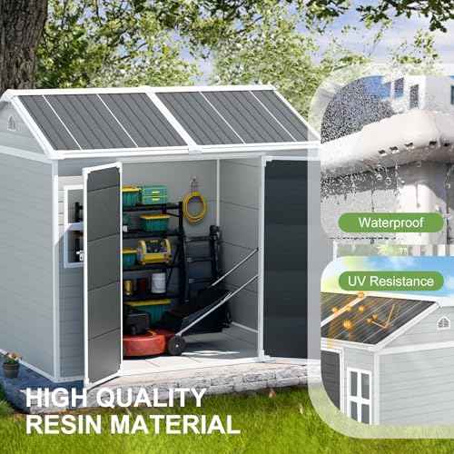 8x6 FT Resin Shed, Waterproof Outdoor Storage Shed w/Floor, 2 Windows, Double Doors & Vents, Tool Shed for Patio Garden, Lawn, Backyard, Grey