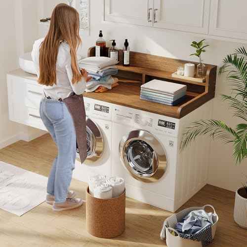 2-Tier Washer Dryer Countertop with 2.75"H Edge Rails, 54" W x 27.55" D Laundry Countertop for Folding Clothes, Washer and Dryer Topper with Non-Slip Pad (Brown)
