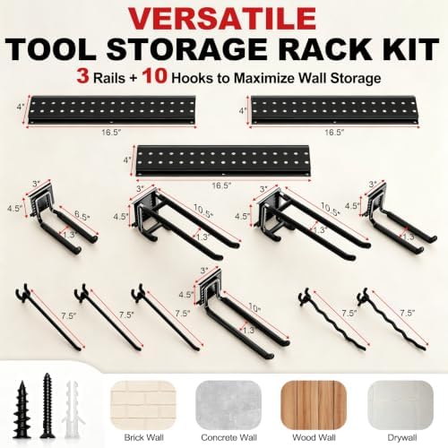 Garage Tool Organizer Wall Mount 49.5 inches with 10 Adjustable Heavy-Duty Hooks, Garage Organization, Garden Tool Storage Rack, Yard, and Shed, Holds Up to 400 lbs
