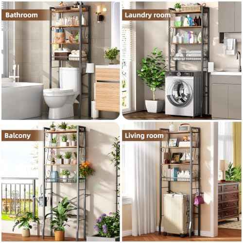Over-The-Toilet Storage Rack 4-Tier,Bathroom Organizer Shelf Over Toilet,Adjustable Wooden Shelves and Basket,Freestanding Above Toilet Shelf,Space Saver for Rooms(Black Rack-Rustic Brown Shelves)