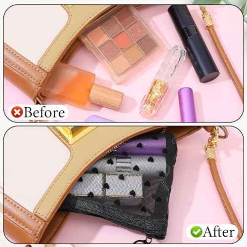 4 PCS Heart Printed Mesh Makeup Bag Set, White & Black Mesh Makeup Bag with Zipper Lipstick Accessories Organizer Mini Travel Organizer Bags for Women(2 Small 2 Medium)