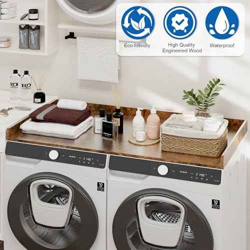efluky Washer Dryer Countertop, Wood Countertop with Edge Rails for Laundry Room Organization and Storage, Washer Dryer Topper for Laundry Room, 27.5" x 54" Rustic Brown
