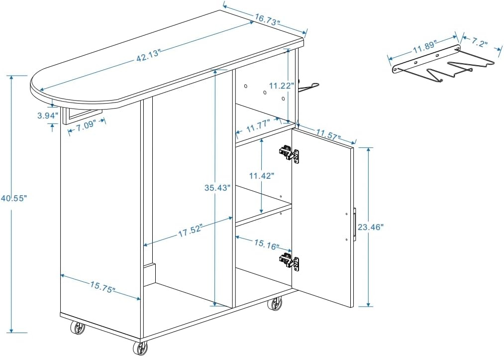 Rolling Ironing Board with Storage Cabinet, Multipurpose Wooden