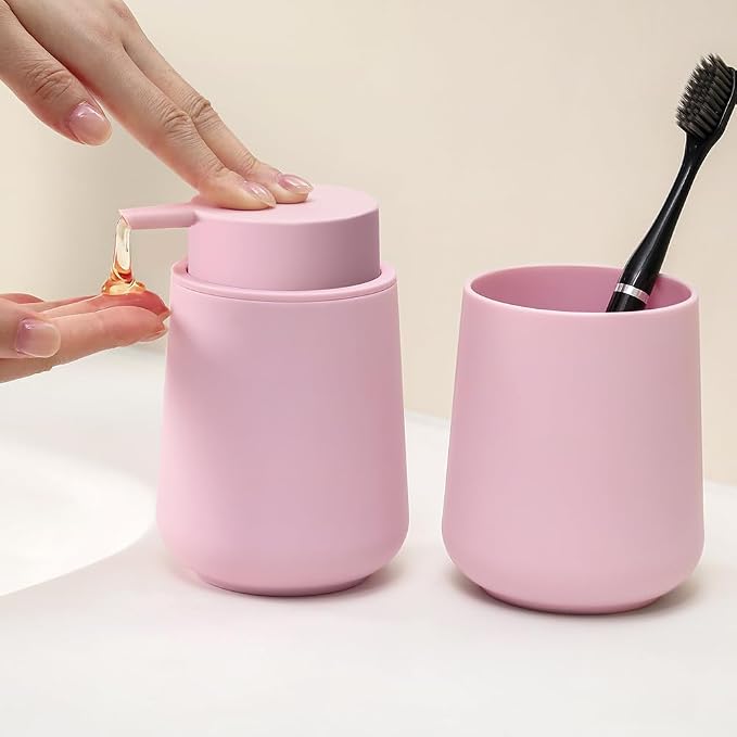 Matte Pink Bathroom Accessories 2 Piece Set Plastic Soap Dispenser and - Image 2